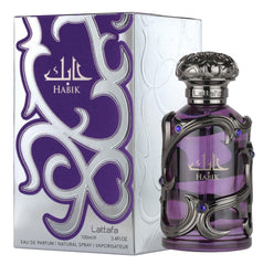 Frasco Lattafa Habik, detalle elegante con notas especiadas y amaderadas.