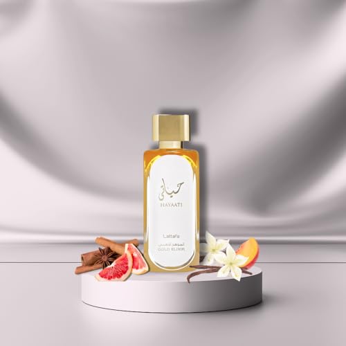 Lattafa Hayaati Gold Elixir, empaque brillante, perfume versátil para hombres y mujeres