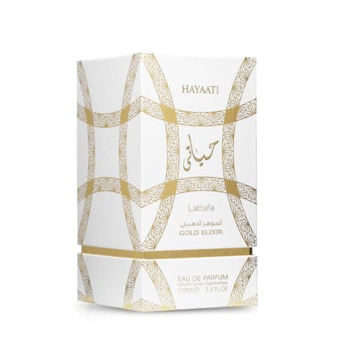 Lattafa Hayaati Gold Elixir, envase de lujo, ideal regalo para amantes de fragancias