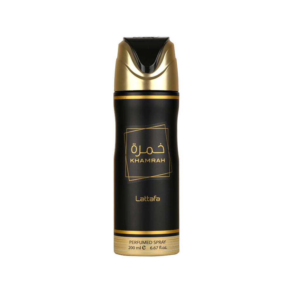 Lattafa Khamrah desodorante perfumado en frasco; aroma duradero para todo el día.