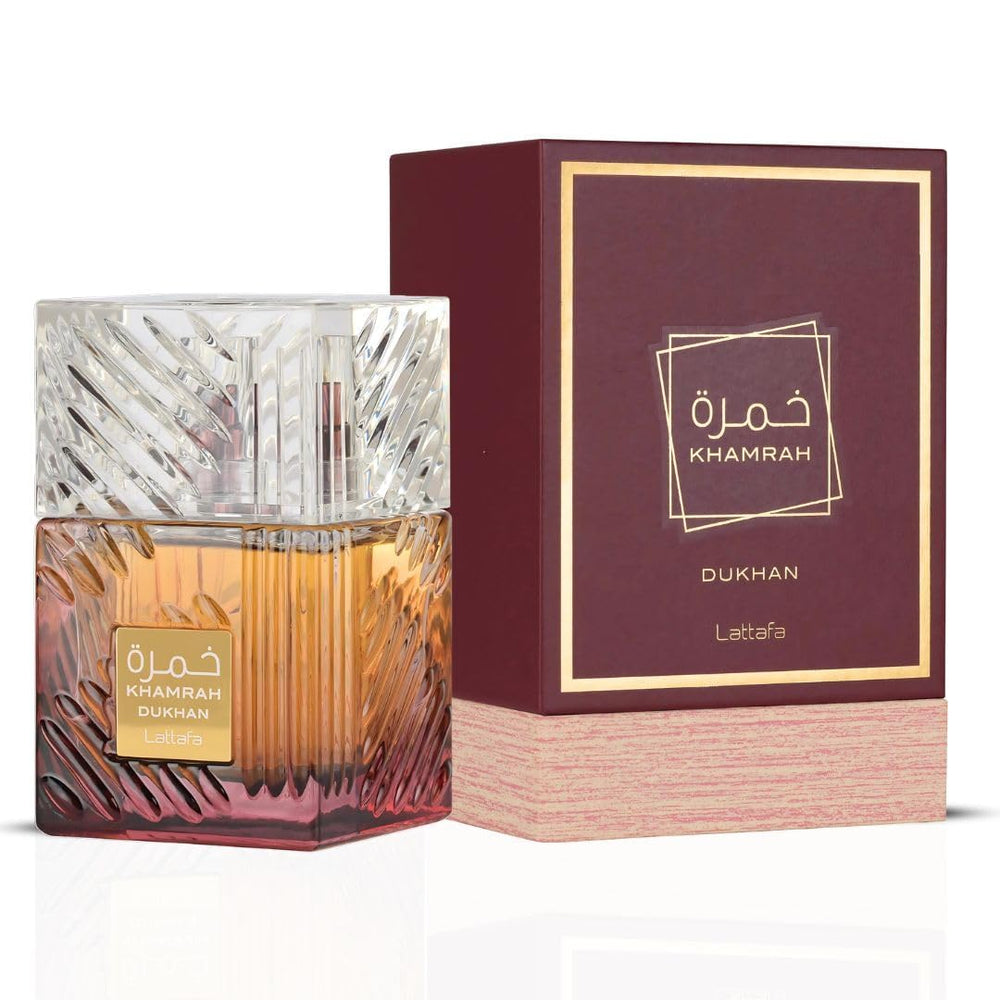 Lattafa Khamrah Dukhan, envase lujoso para colección de fragancias.