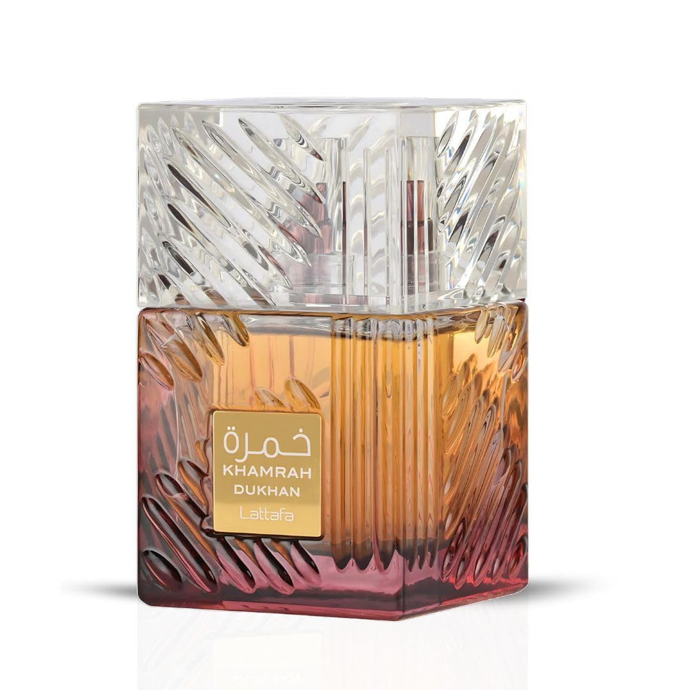 Lattafa Khamrah Dukhan, frasco de 100 ml, presentación sobria y elegante.