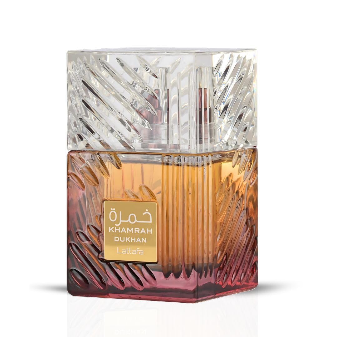 Lattafa Khamrah Dukhan, frasco de 100 ml, presentación sobria y elegante.