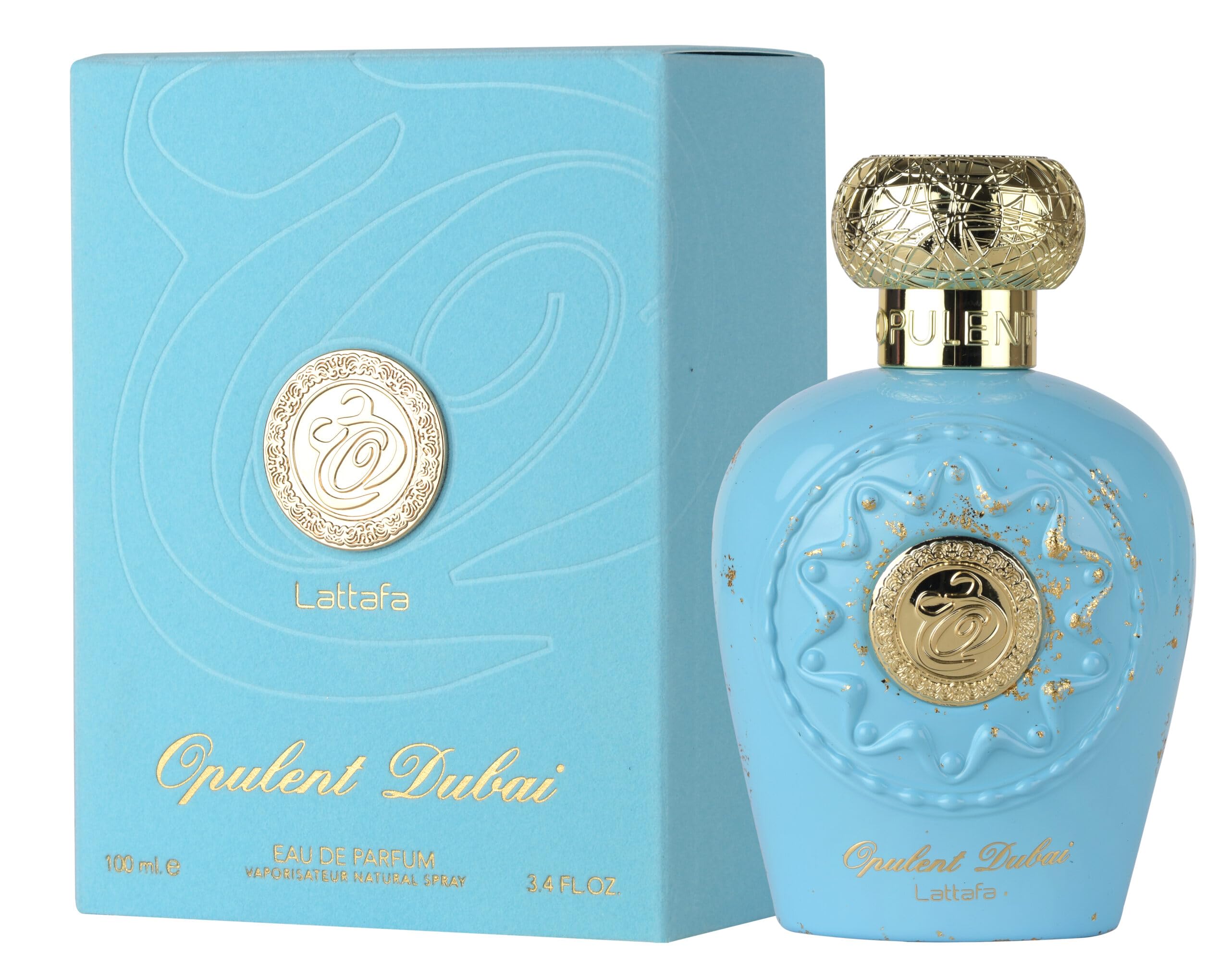 Lattafa Opulent Dubai, caja regalo dorada, ideal como regalo refinado.