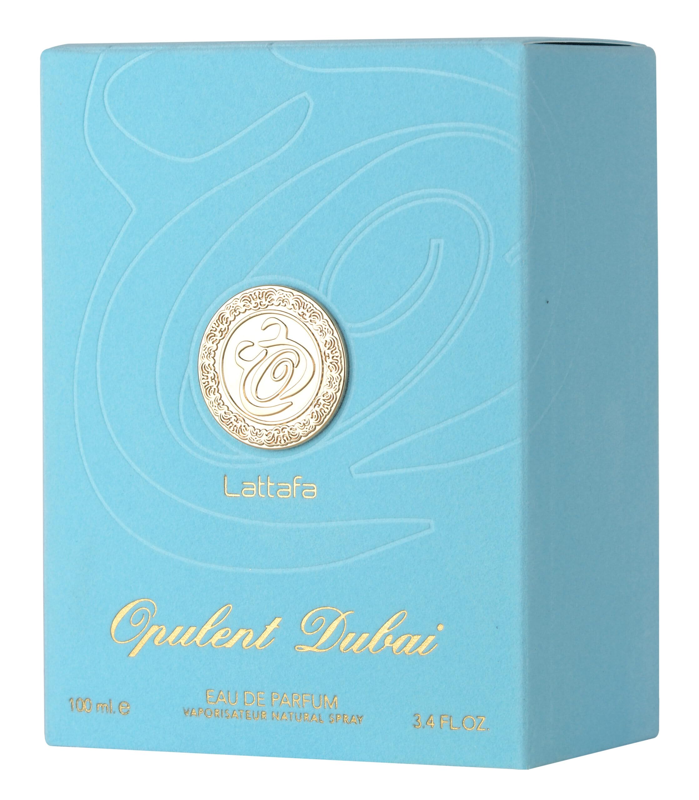 Lattafa Opulent Dubai, etiqueta externa, presentación lujosa para estantería.