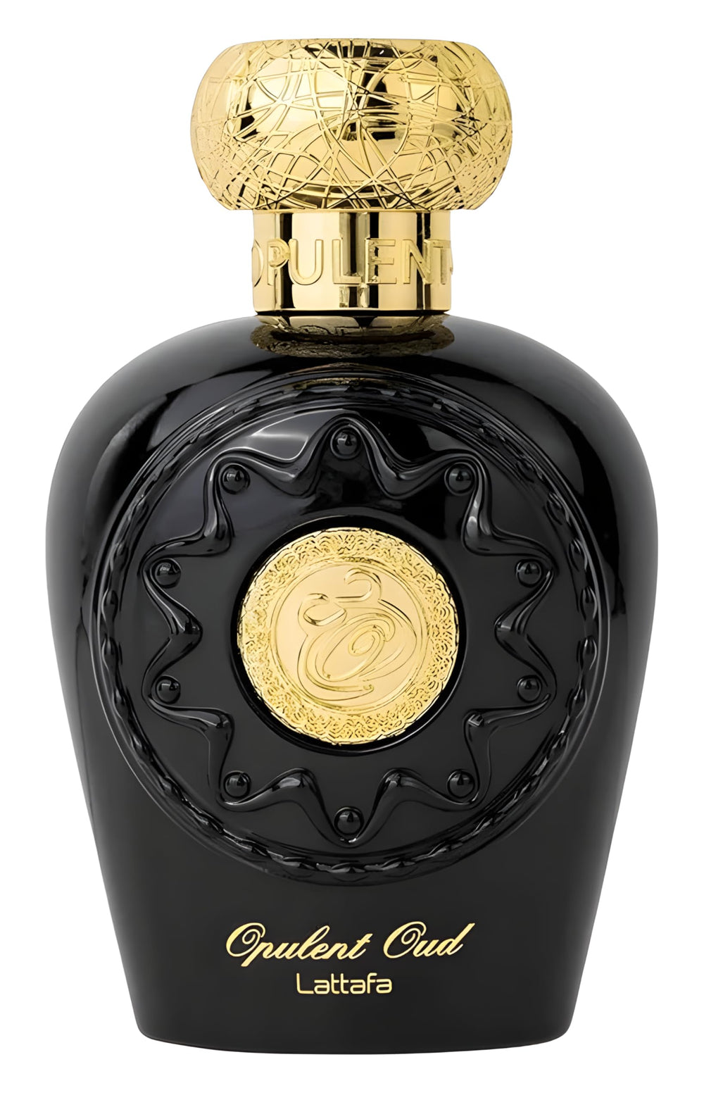 Lattafa Opulent Oud, botella frontal, aroma envolvente para cualquier ocasión.