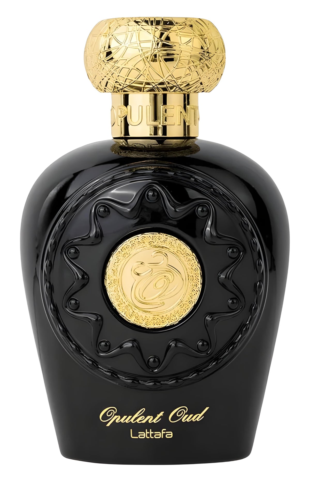Lattafa Opulent Oud, botella frontal, aroma envolvente para cualquier ocasión.