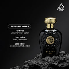 Lattafa Opulent Oud, base de resinas, maderas y vainilla duradera.