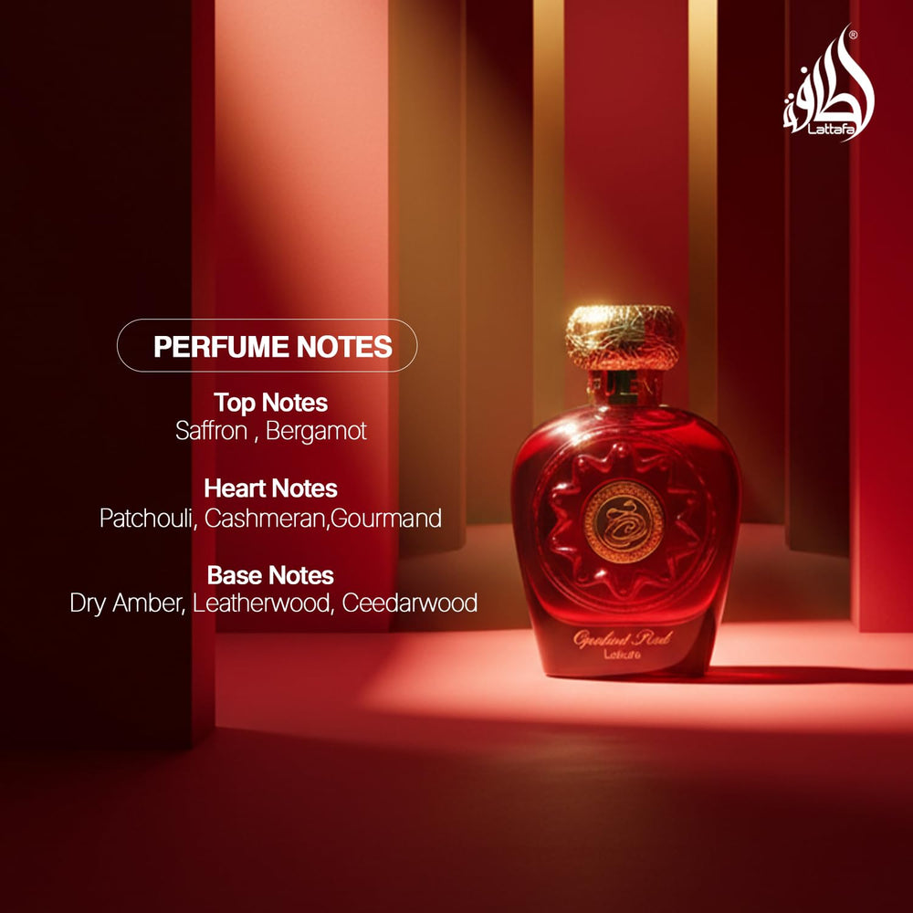 Lattafa Opulent Red notas de base oud y ámbar para una fijación duradera.