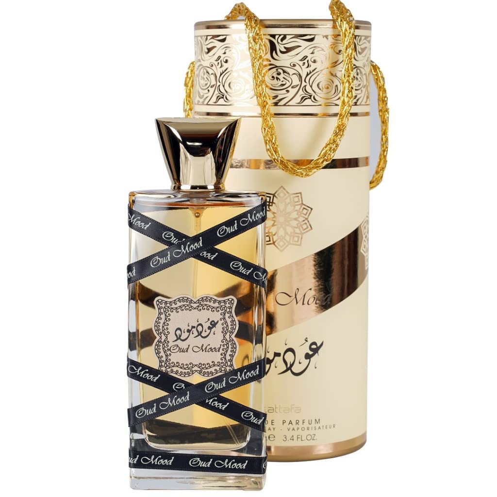 Lattafa Oud Mood envase de 3-4 onzas, ideal para regalo.