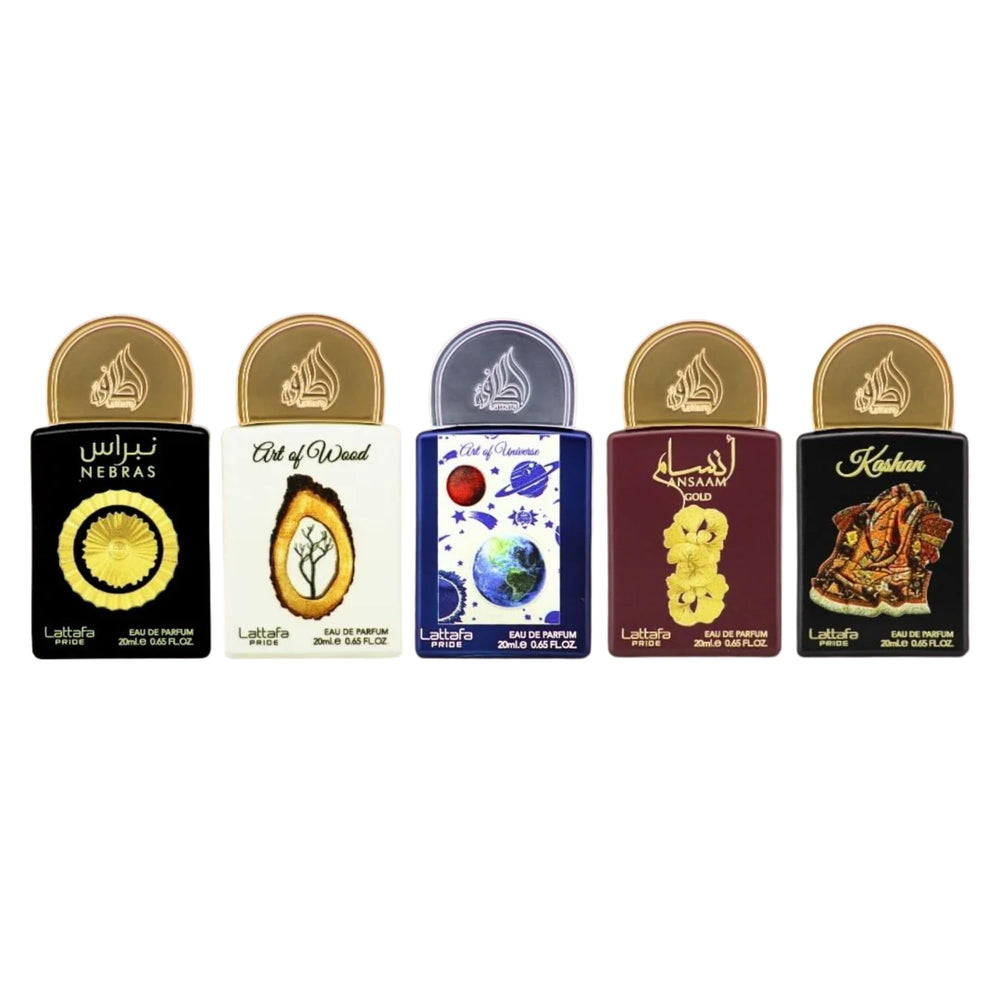 Lattafa Pride Kashan en frasco de 20 ml, opción versátil para ocasiones.