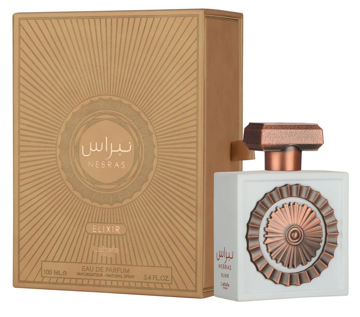 Lattafa Pride Nebras Elixir, botella de lujo para uso diario con aroma envolvente.