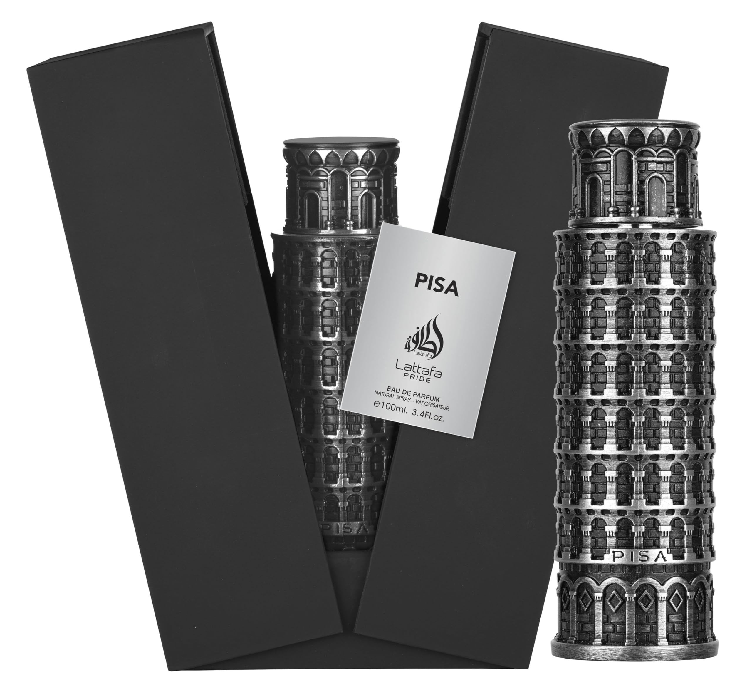 Lattafa Pride Pisa, botella frontal, aroma versátil para uso diario o nocturno.