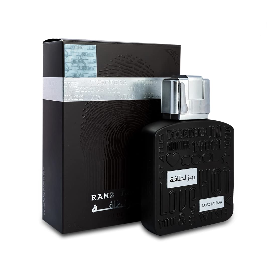 Lattafa Ramz Silver, botella frontal, aroma versátil para unisex.