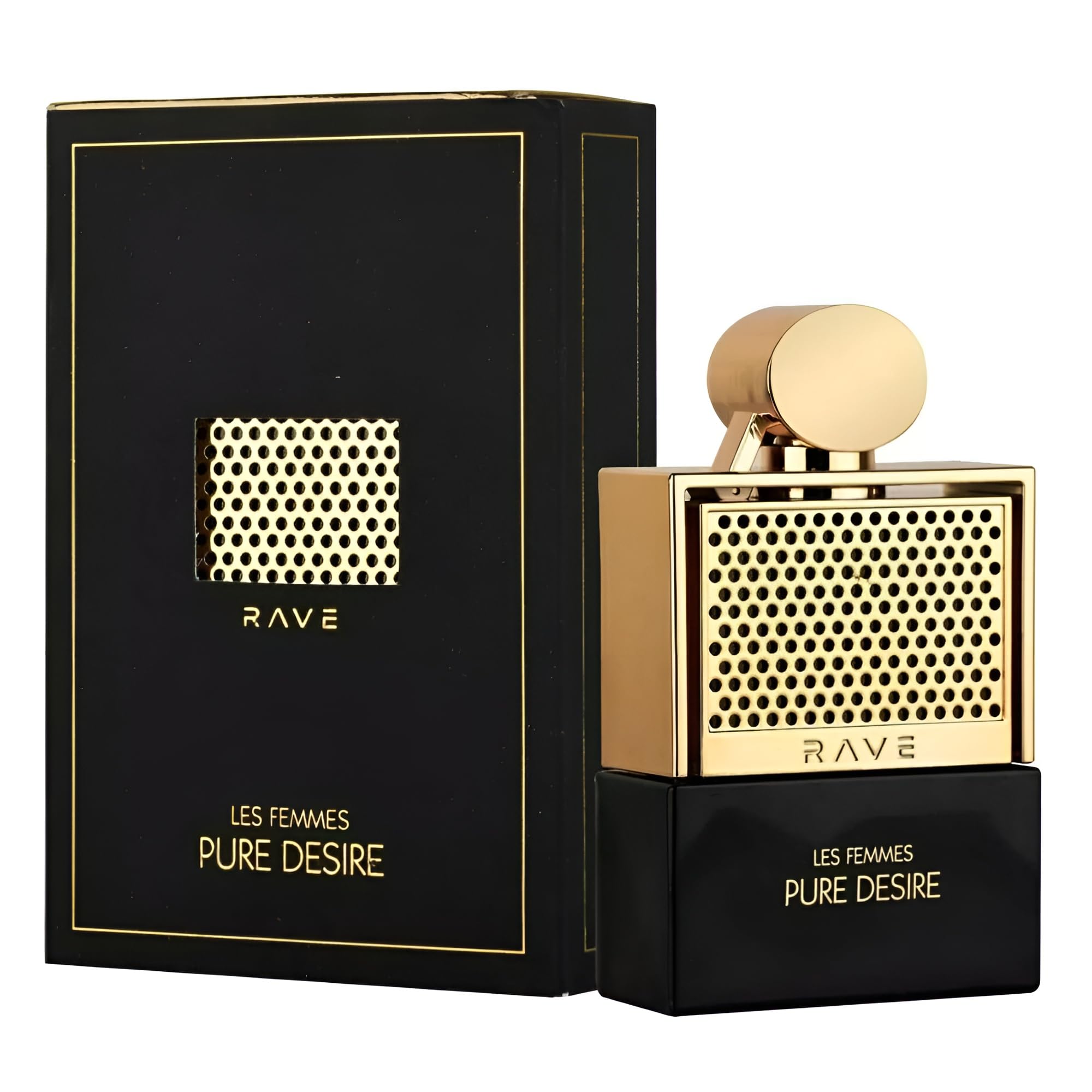 Lattafa Rave Pure Desire Gold empaque dorado, regalo sofisticado para amantes de fragancias.
