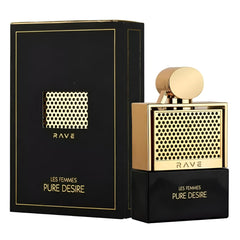 Lattafa Rave Pure Desire Gold empaque dorado, regalo sofisticado para amantes de fragancias.