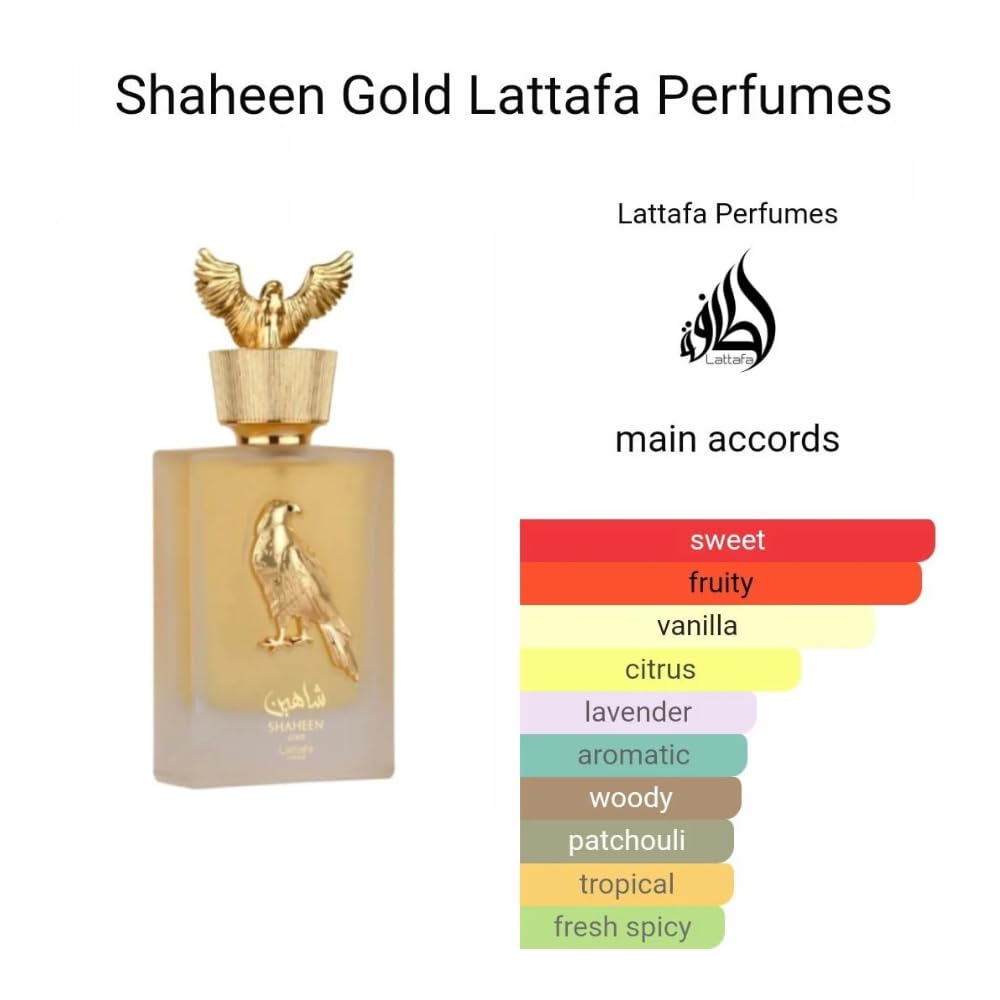 Lattafa Shaheen Gold packaging and bottle on display for daily luxury.