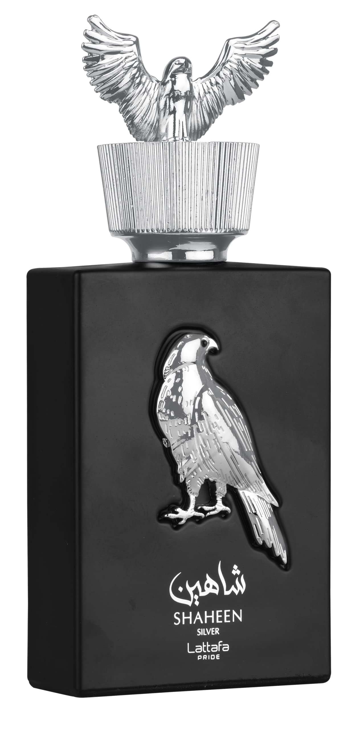 Lattafa Shaheen Silver: vista frontal de la botella, sensación de lujo para uso diario.
