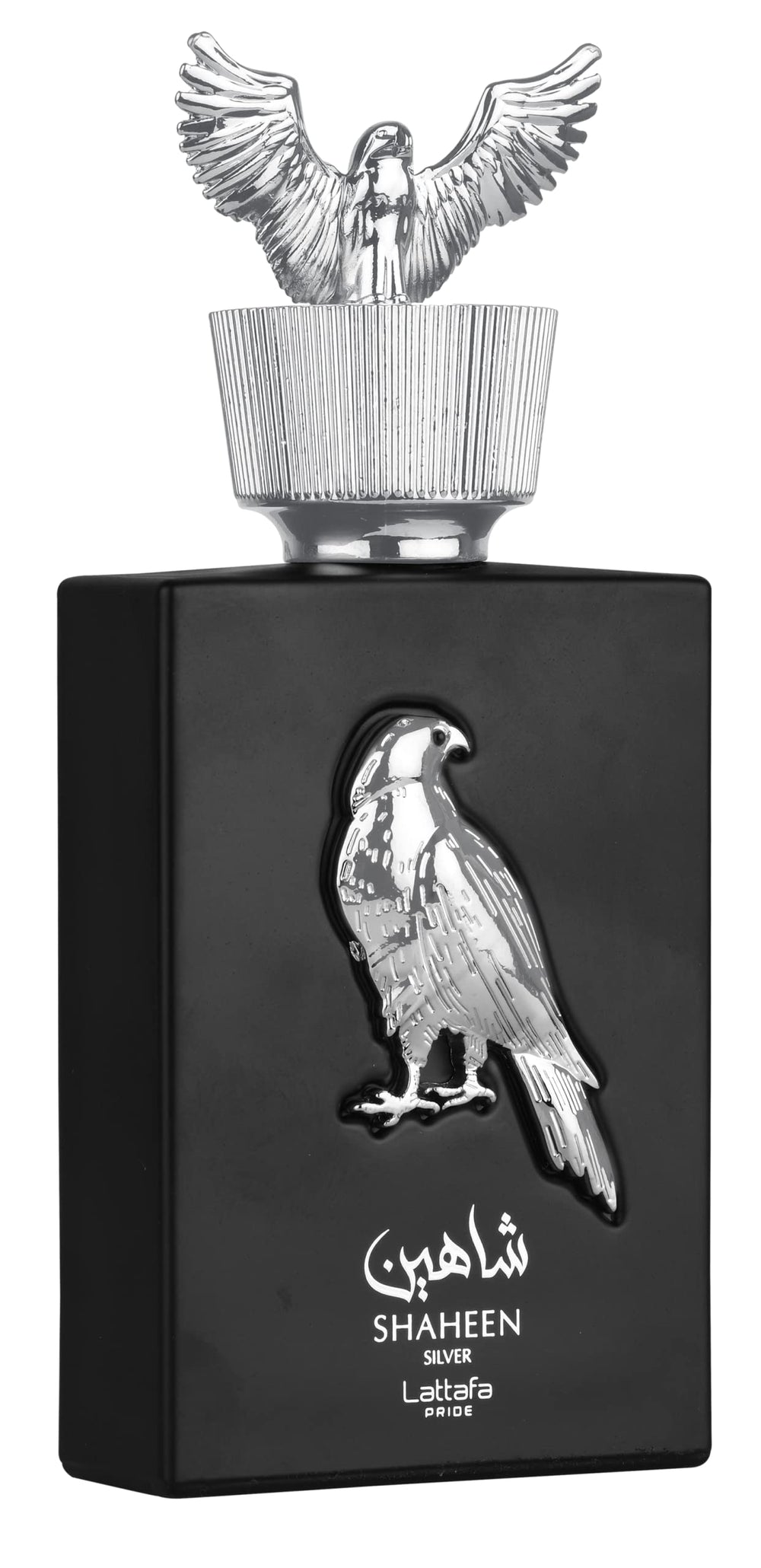 Lattafa Shaheen Silver: vista frontal de la botella, sensación de lujo para uso diario.