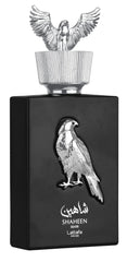 Lattafa Shaheen Silver: vista frontal de la botella, sensación de lujo para uso diario.
