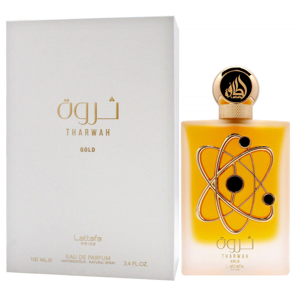 Lattafa Tharwah Gold, empaque caja, presentación atractiva para regalo o uso personal.