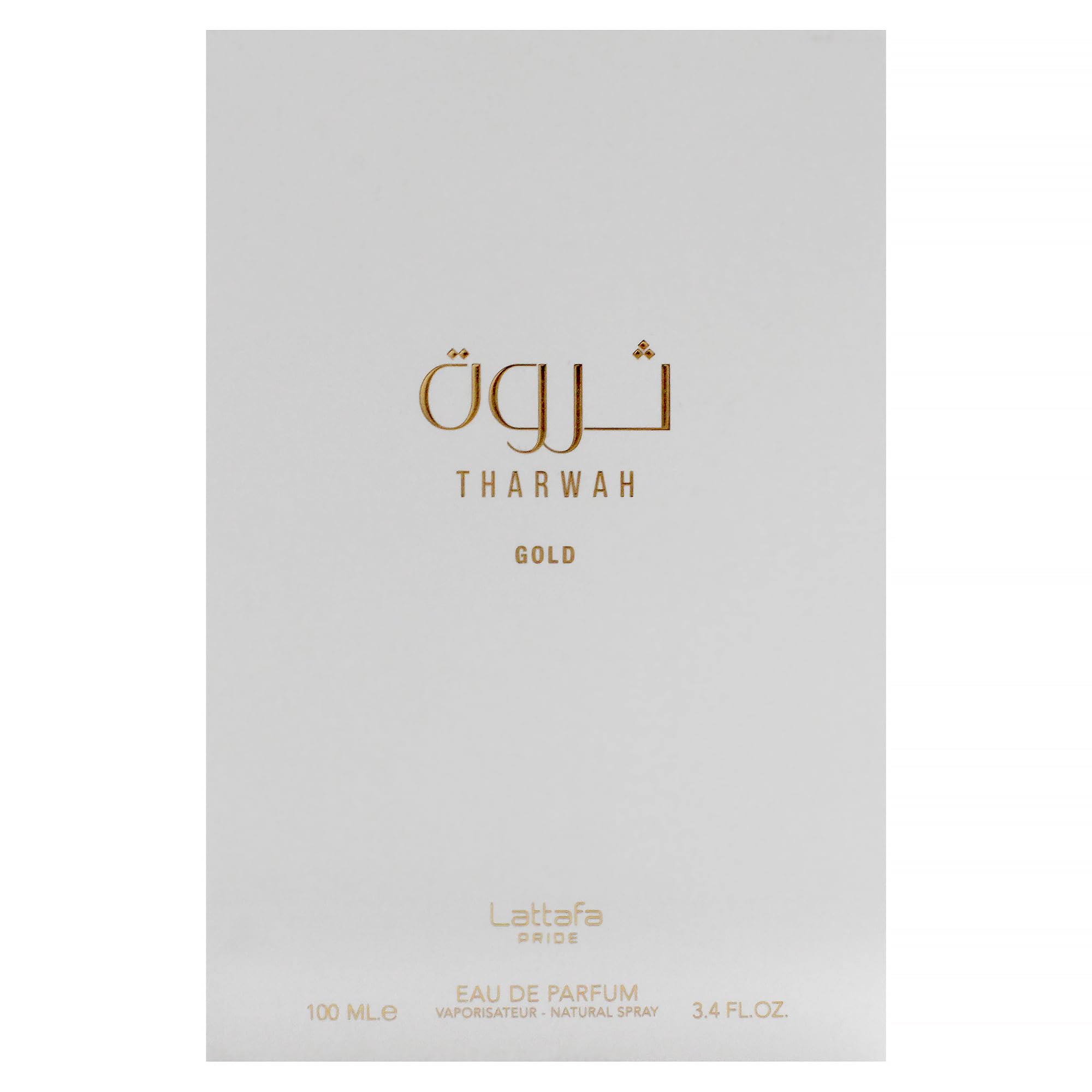 Lattafa Tharwah Gold, etiqueta frasco, revela notas florales y dulces para diario.