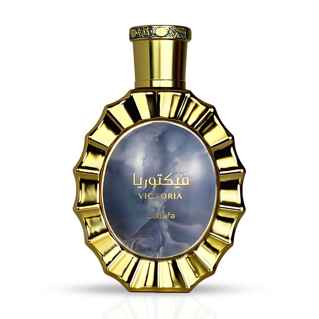 Lattafa Victoria, botella frontal, diseño elegante para eventos y uso diario.
