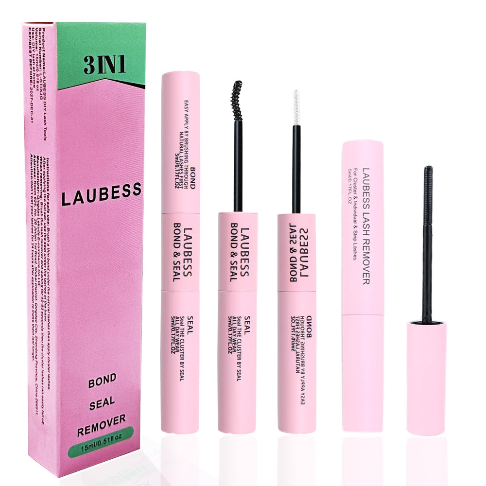 Laubess bond-seal con cepillo espiral doble para fijación duradera de pestañas.