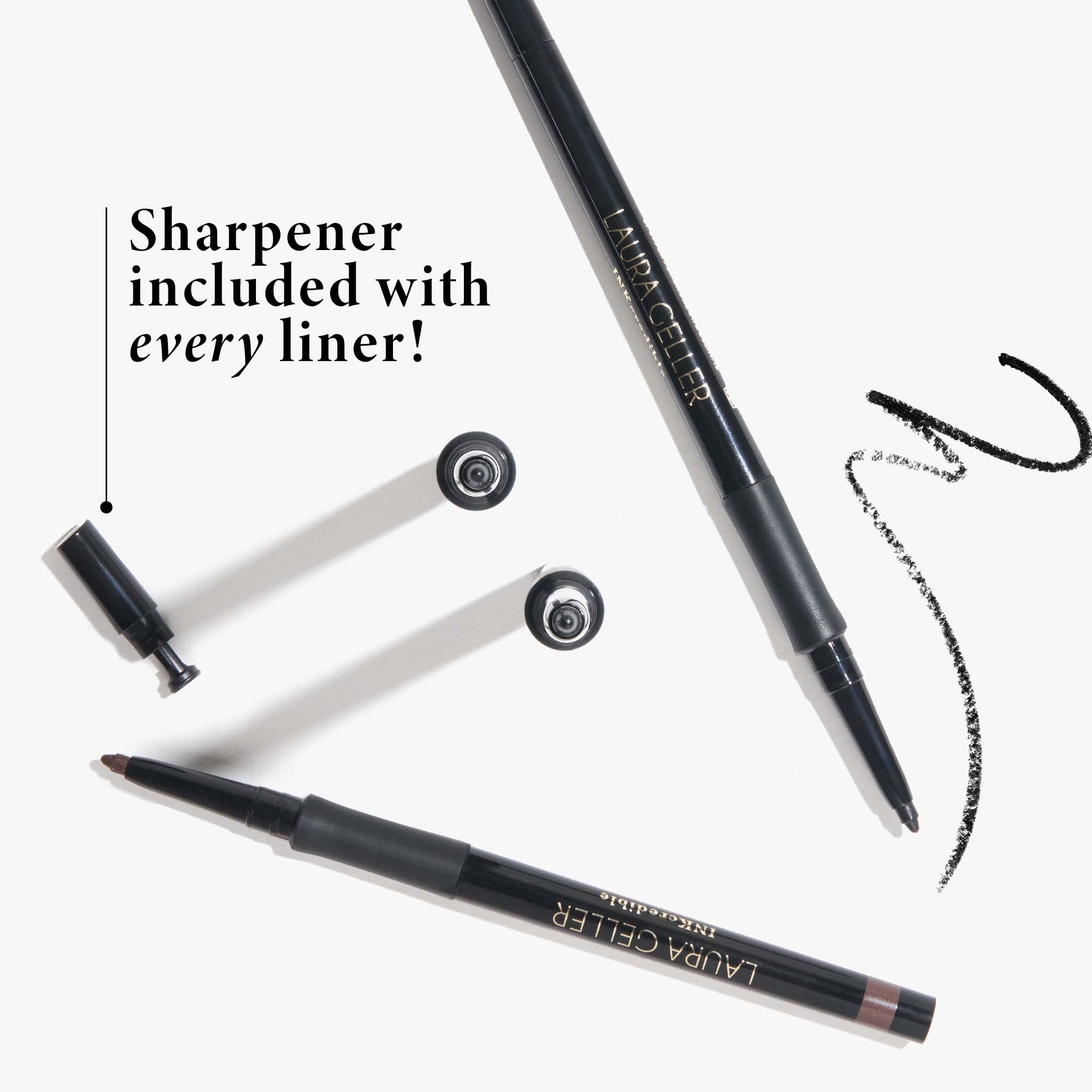 Delineador gel Inkcredible de Laura Geller New York con sacapuntas integrado para punta siempre afinada.