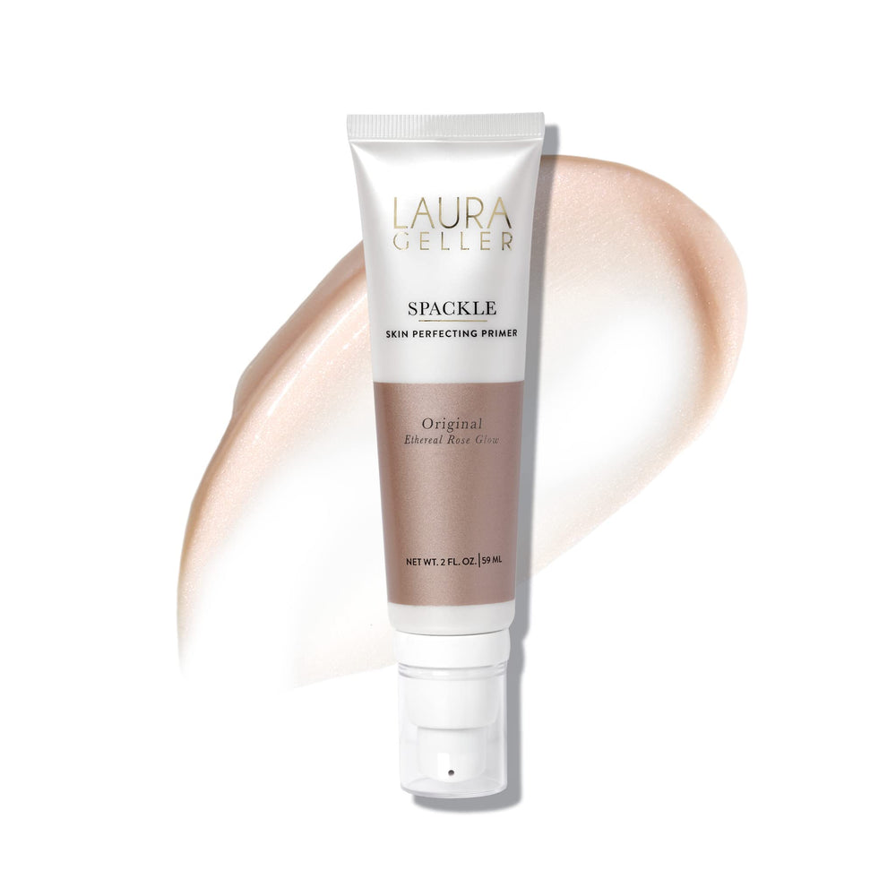 Laurl Geller Spackle Primer: botella rosa eterea para brillo suave y acabado liso.