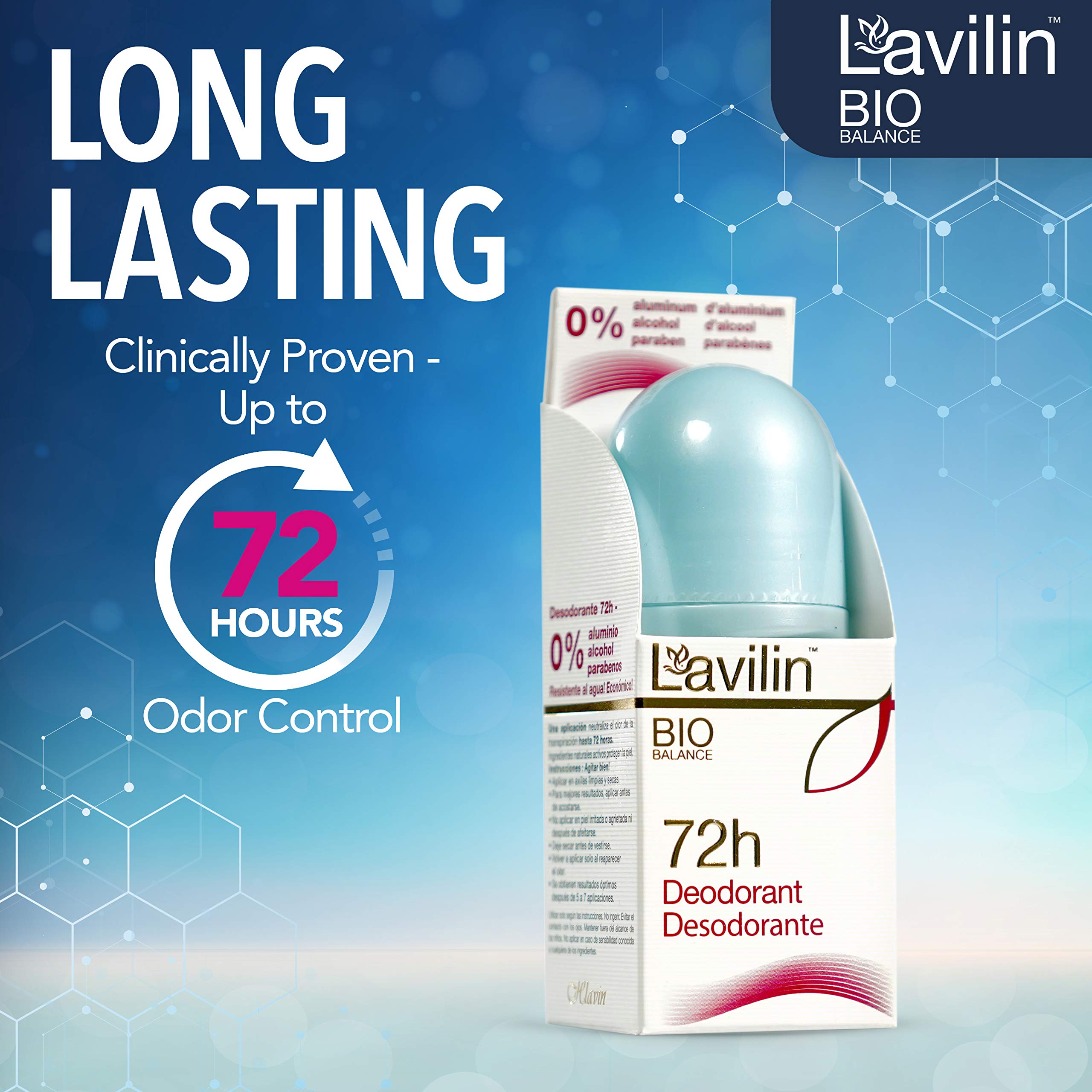 Desodorante Lavilin Roll-On resistente al agua, ideal para entrenamientos.