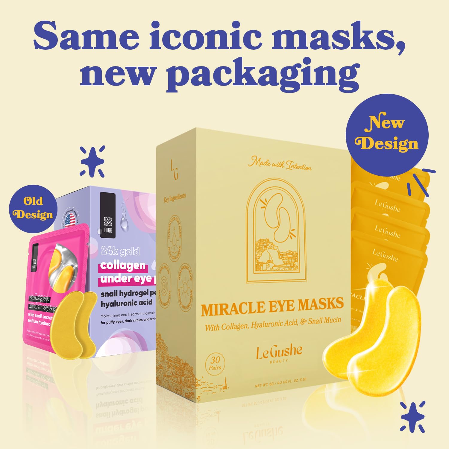 LE GUSHE Gold Under Eye Patches come in convenient packs for home or travel.