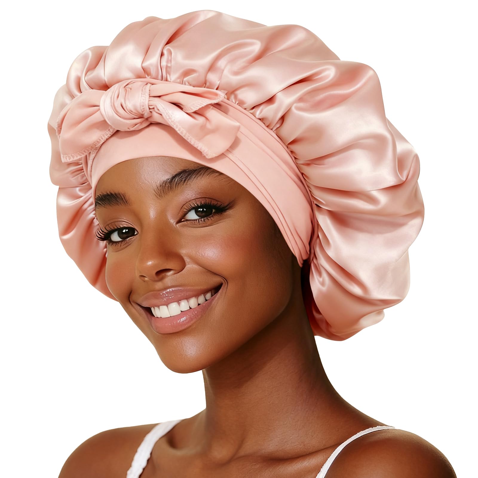 Gorro LEADUWAY de seda con doble capa para dormir retiene humedad y reduce frizz.