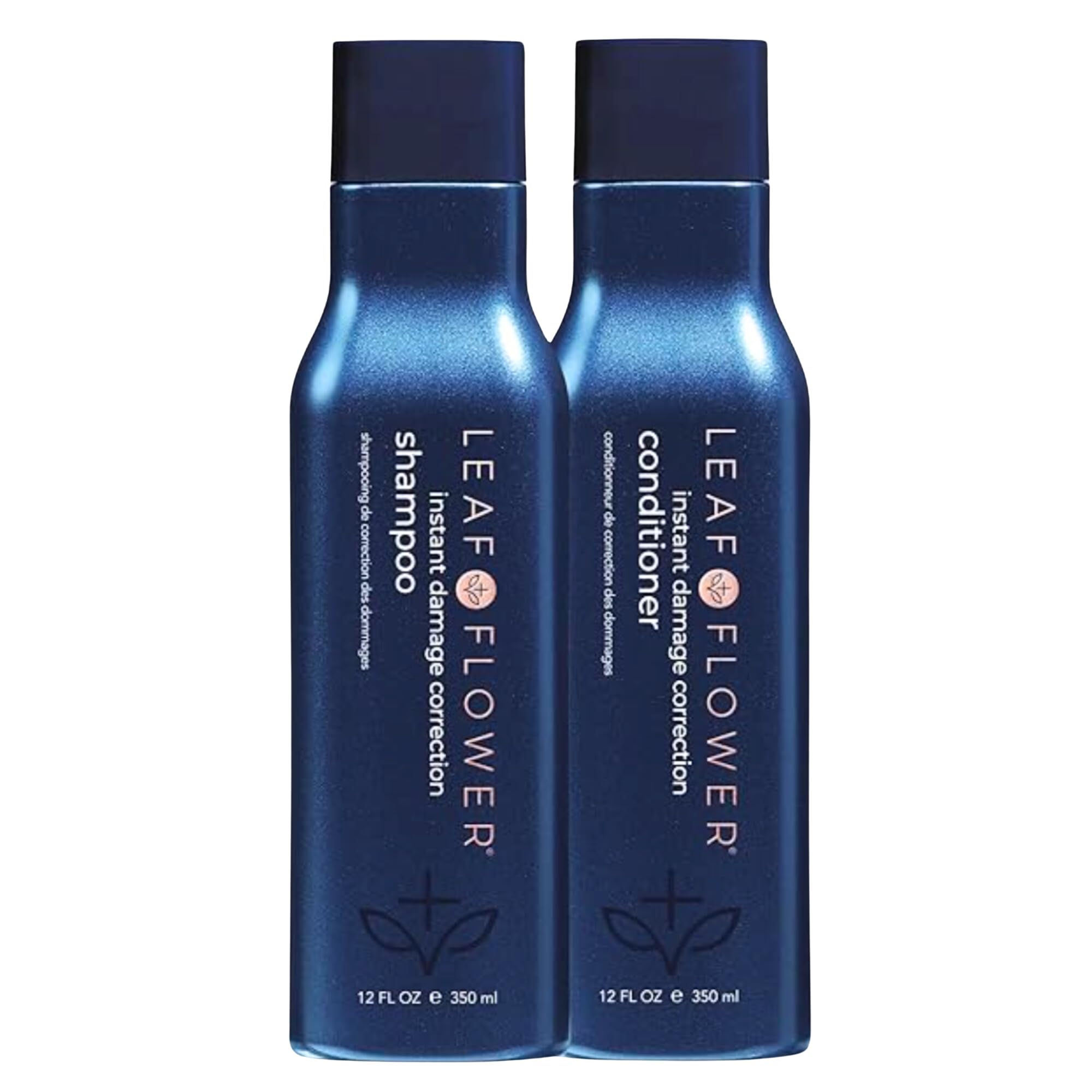 Leaf & Flower duo shampoing et après-shampoing, emballage bleu, soin en douceur.