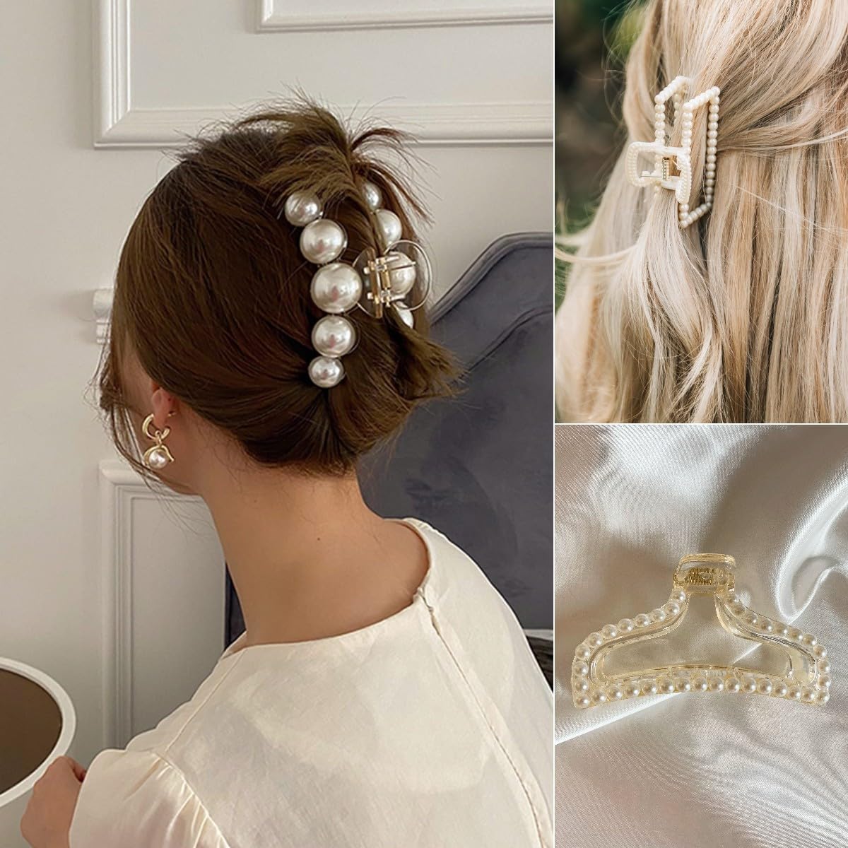 Pinza para cabello largo Leezmark con perlas, útil para recogidos.