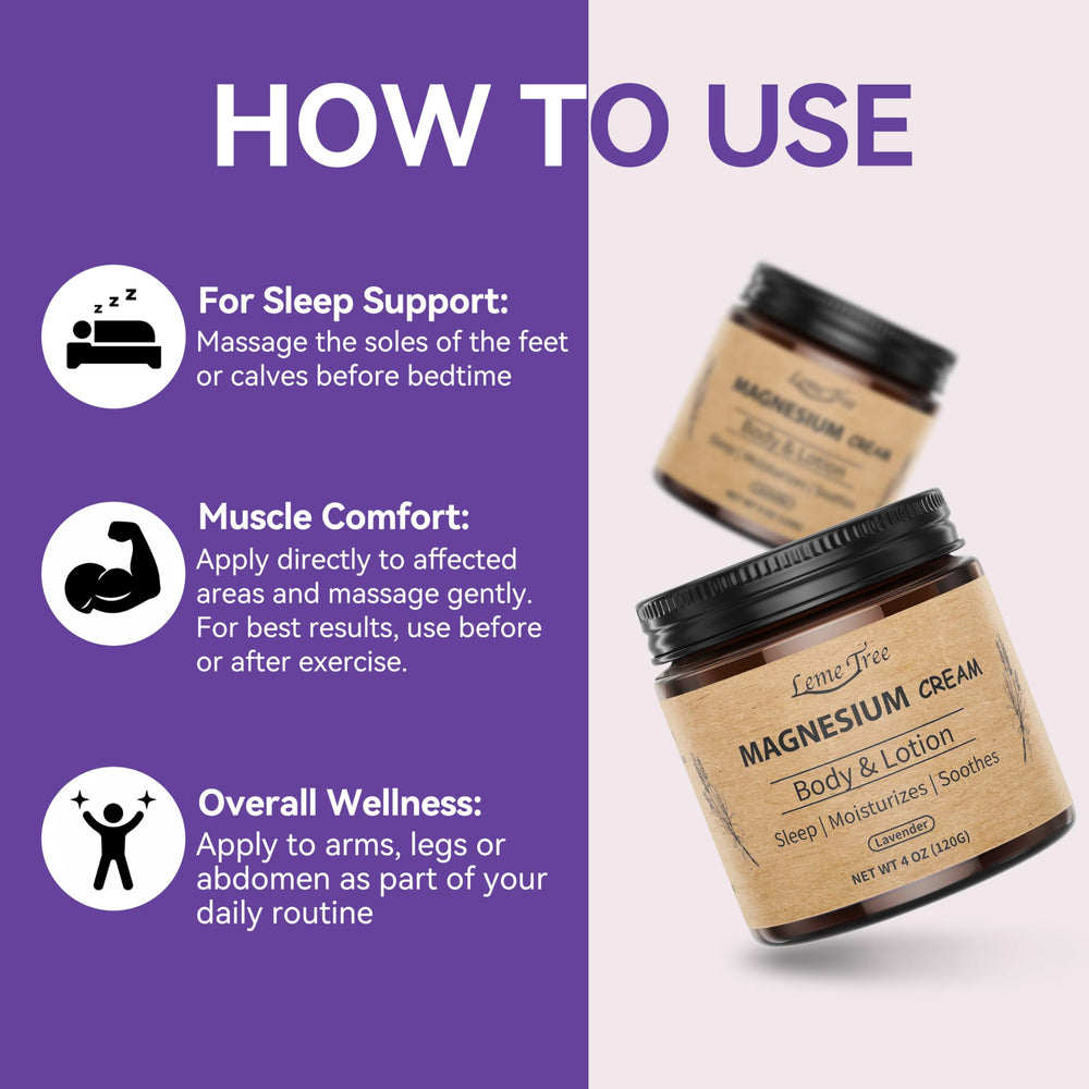 Envase de LemeTree, crema de magnesio, práctico para rituales diarios de relajación.