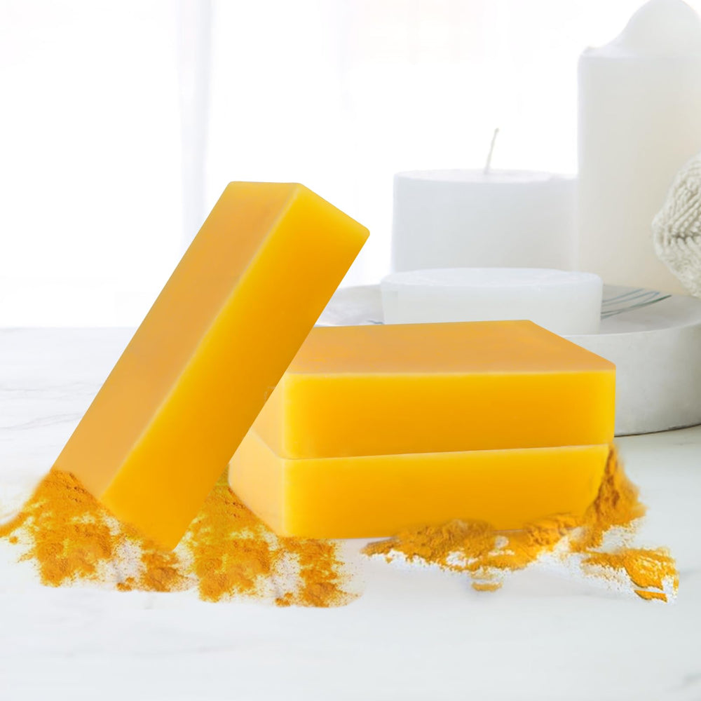 Lemon Turmeric Soap 3pc pack on skin suitable for face and body cleansing.