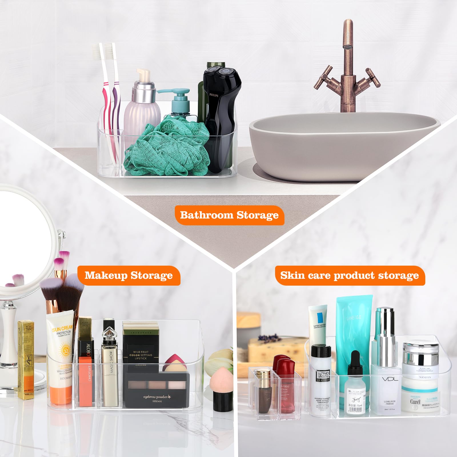 Leture bandeja para tocador y baño, organiza productos en una superficie limpia.