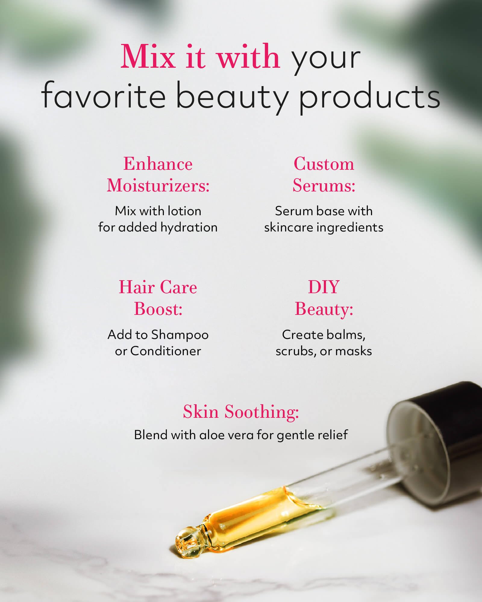 Uso en cabello para brillo natural y suavidad sin frizz.