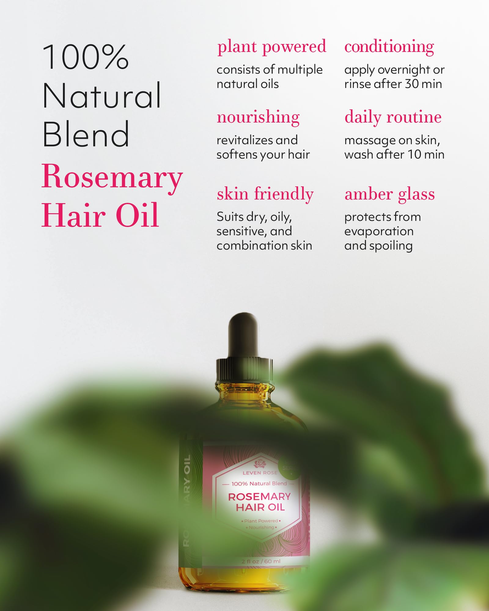 Leven Rose Aceite Romero: uso diario para cabello más fuerte.