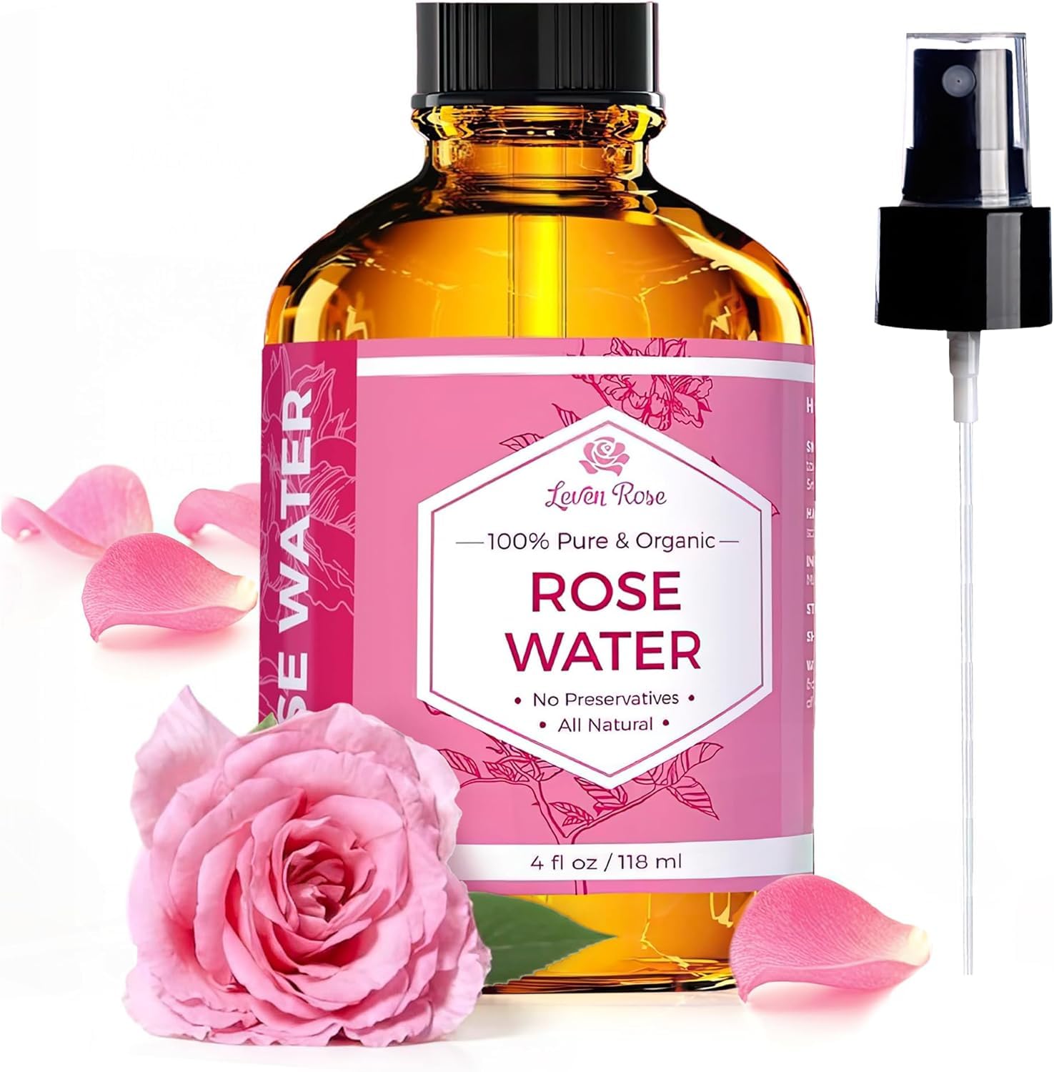Leven Rose agua de rosas en frasco con atomizador para piel hidratada.
