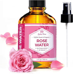 Leven Rose agua de rosas en frasco con atomizador para piel hidratada.