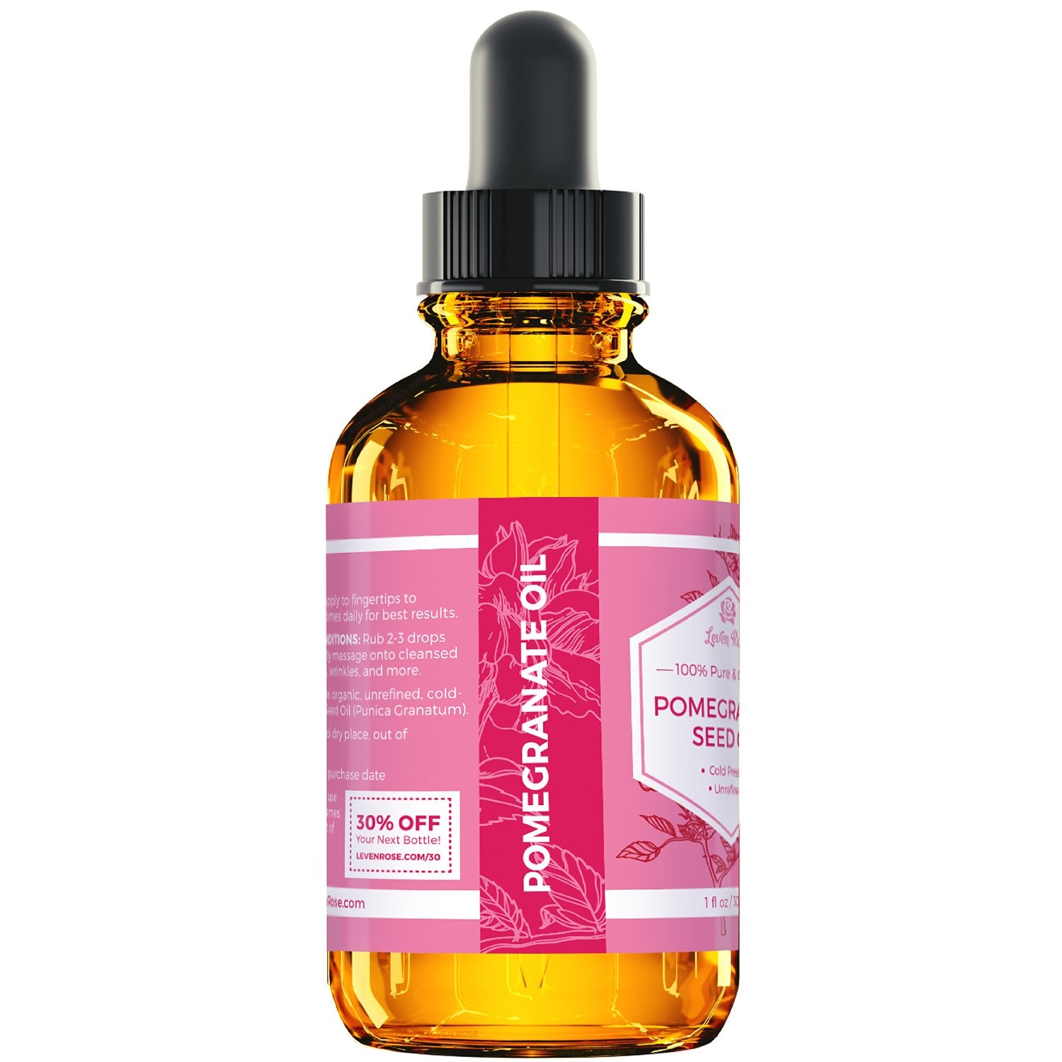 Leven Rose Pomegranate Oil droplets ready for quick skin or scalp use.