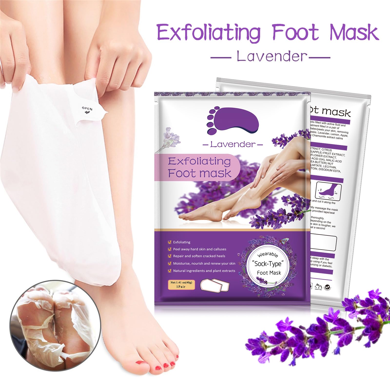 Liefiet Foot Peeling Mask 5 Pack in use, delivering hydration through lavender-infused fluid.
