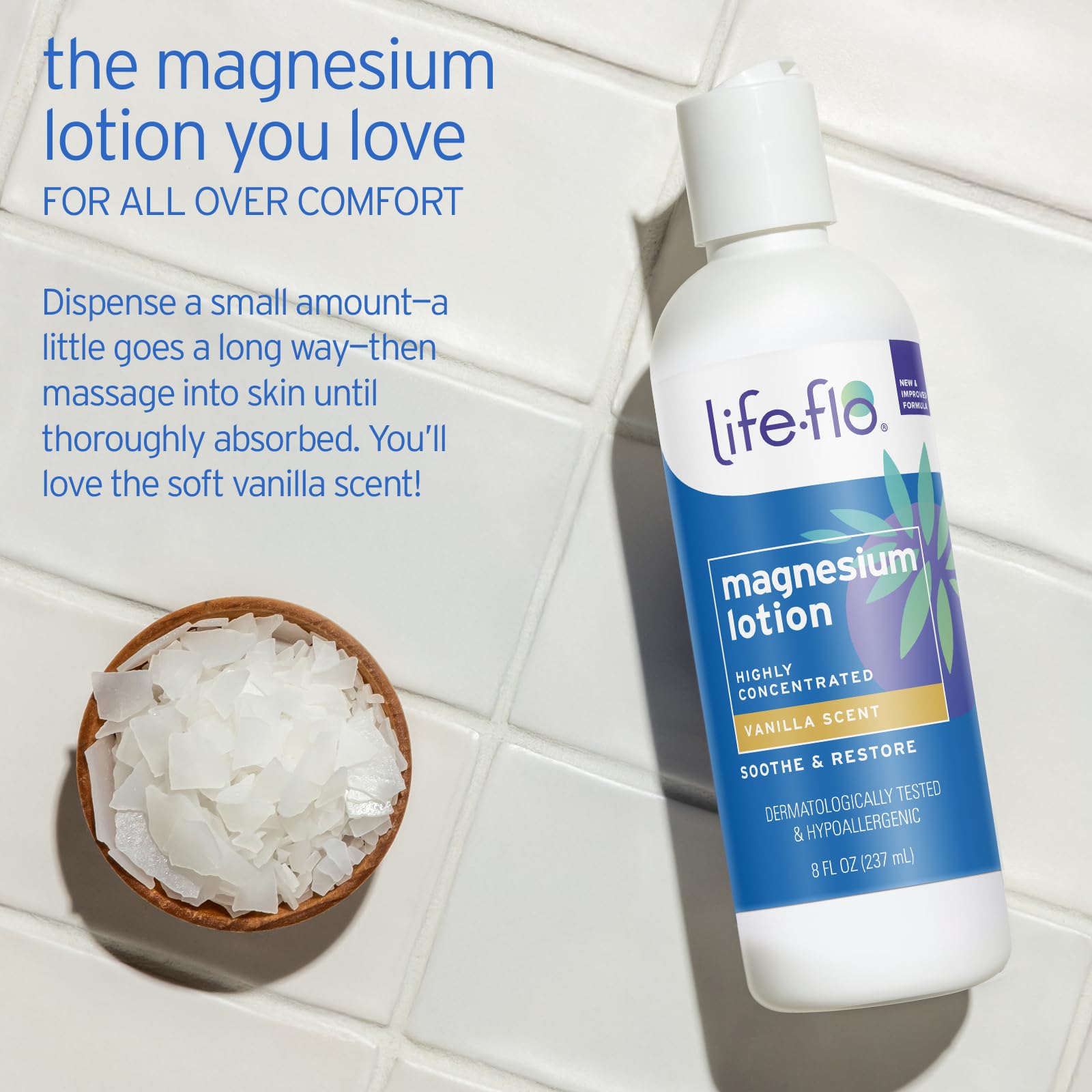 LIFE-FLO loción de magnesio, masaje diario para aliviar tensiones musculares.