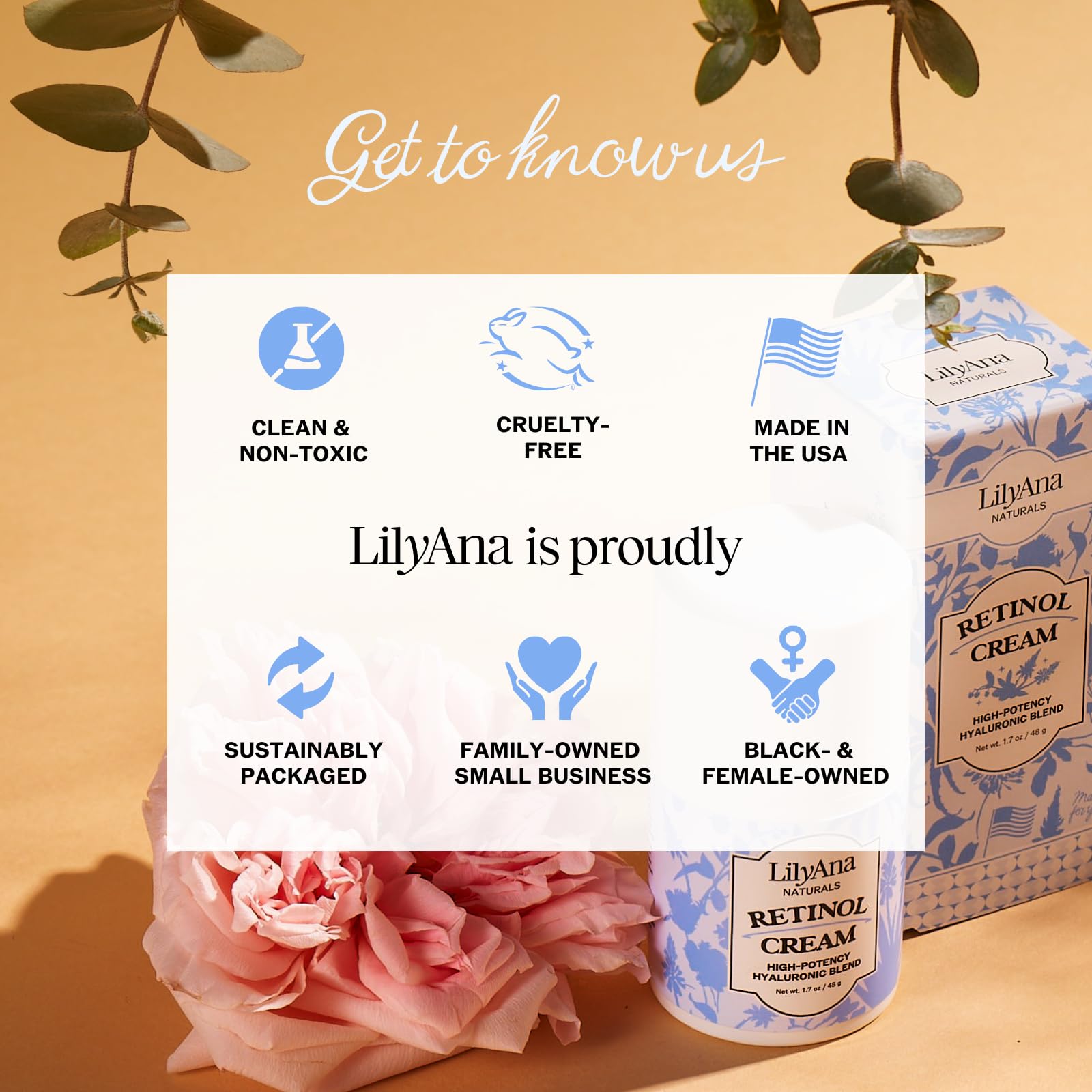 Envase de LilyAna Naturals crema retinol, fácil de usar y conservar.