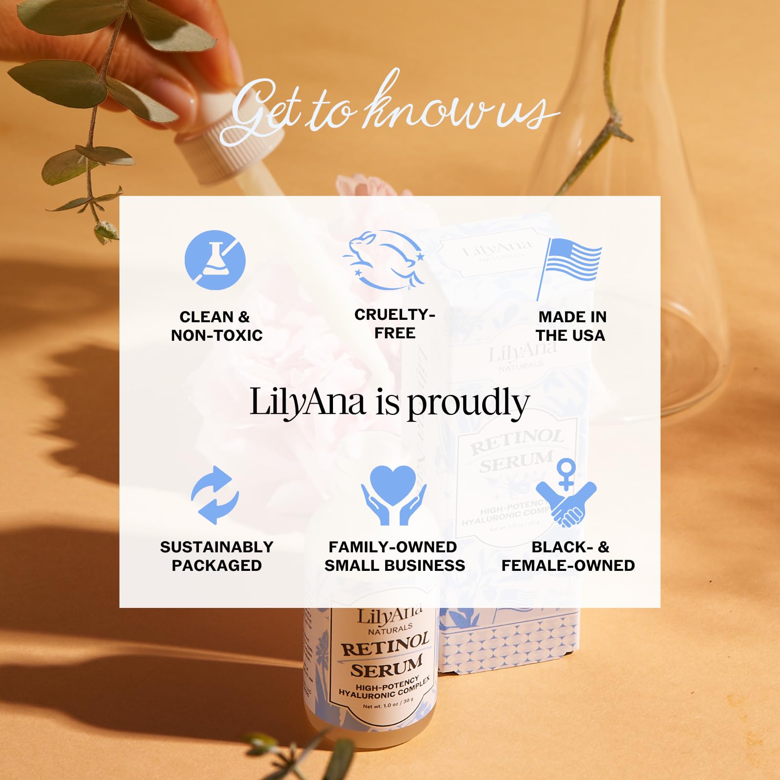 LilyAna Naturals Retinol Serum - empaque práctico: hecho en Estados Unidos.