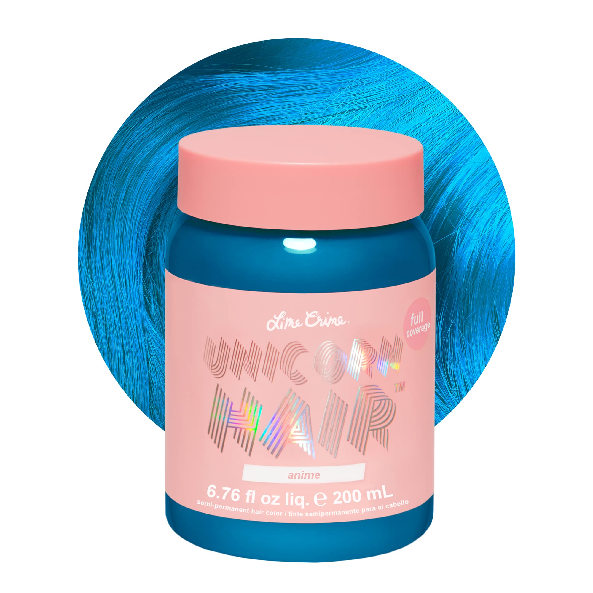 Lime Crime Tinte Unicorn Hair Anime Candy Blue, envase listo para empezar a teñir en casa.