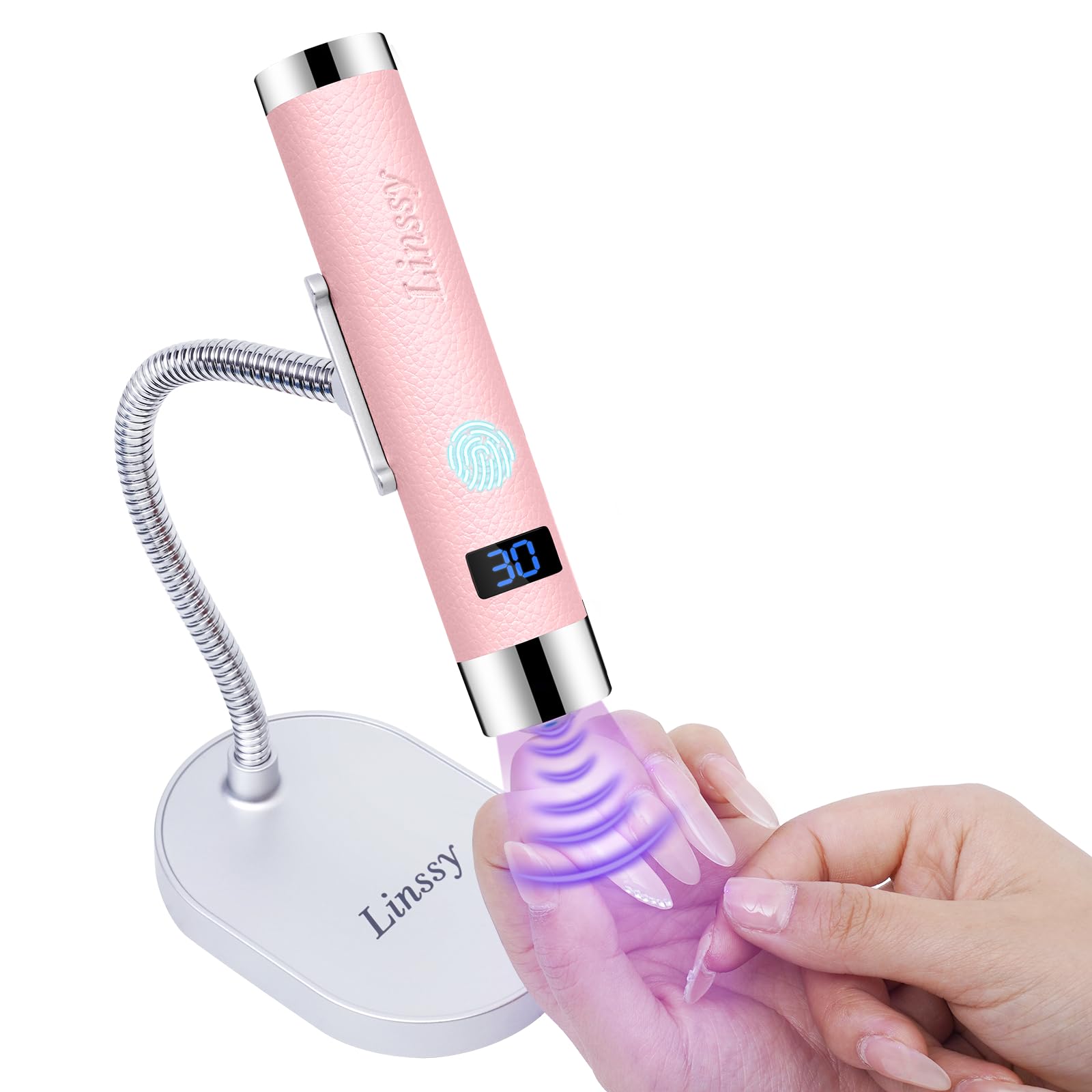 Lampara UV mini Linssy rosa para uñas, ideal para uso doméstico.
