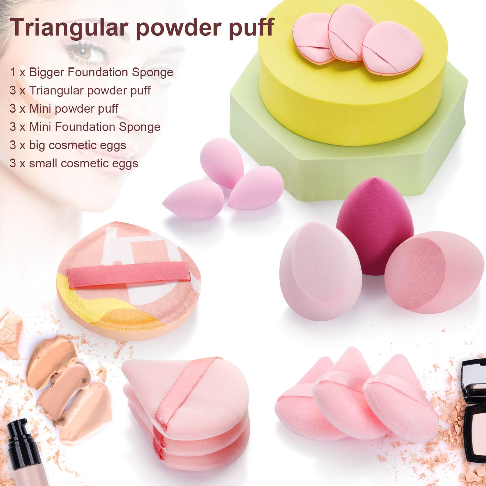 Esponja triangular pequeña de Linyumuxiang ideal para retoques precisos.
